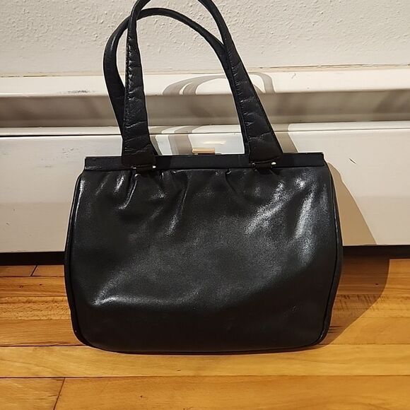 Vintage Shoulder Gold Pfeil Leather Black Hand Bag Evening Purse Clutch - Picture 2 of 7